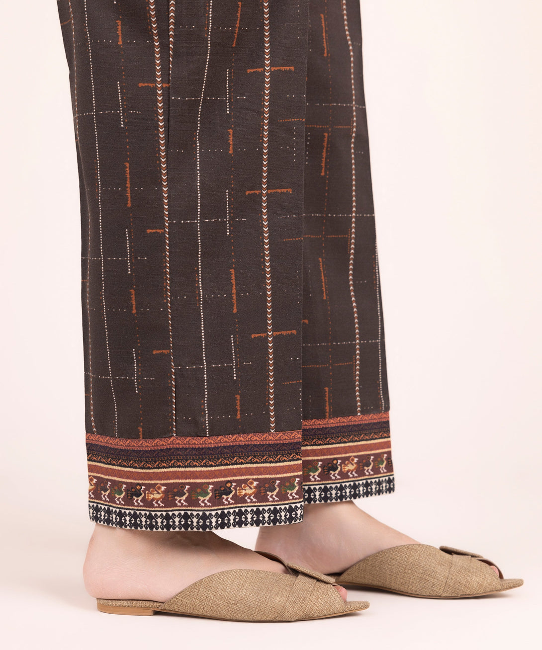 Women's RTW Khaddar Printed Brown Straight Pants