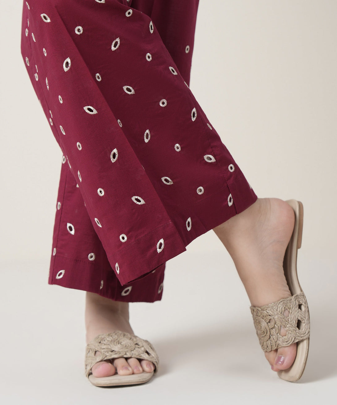 Women's RTW Cross Hatch Maroon Embroidered Trousers