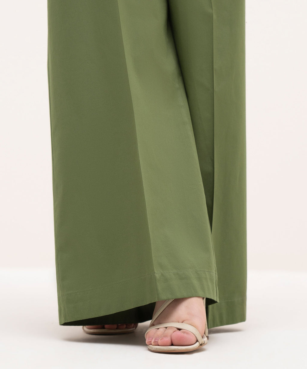 Women's RTW Cambric Green Solid Flared Pants