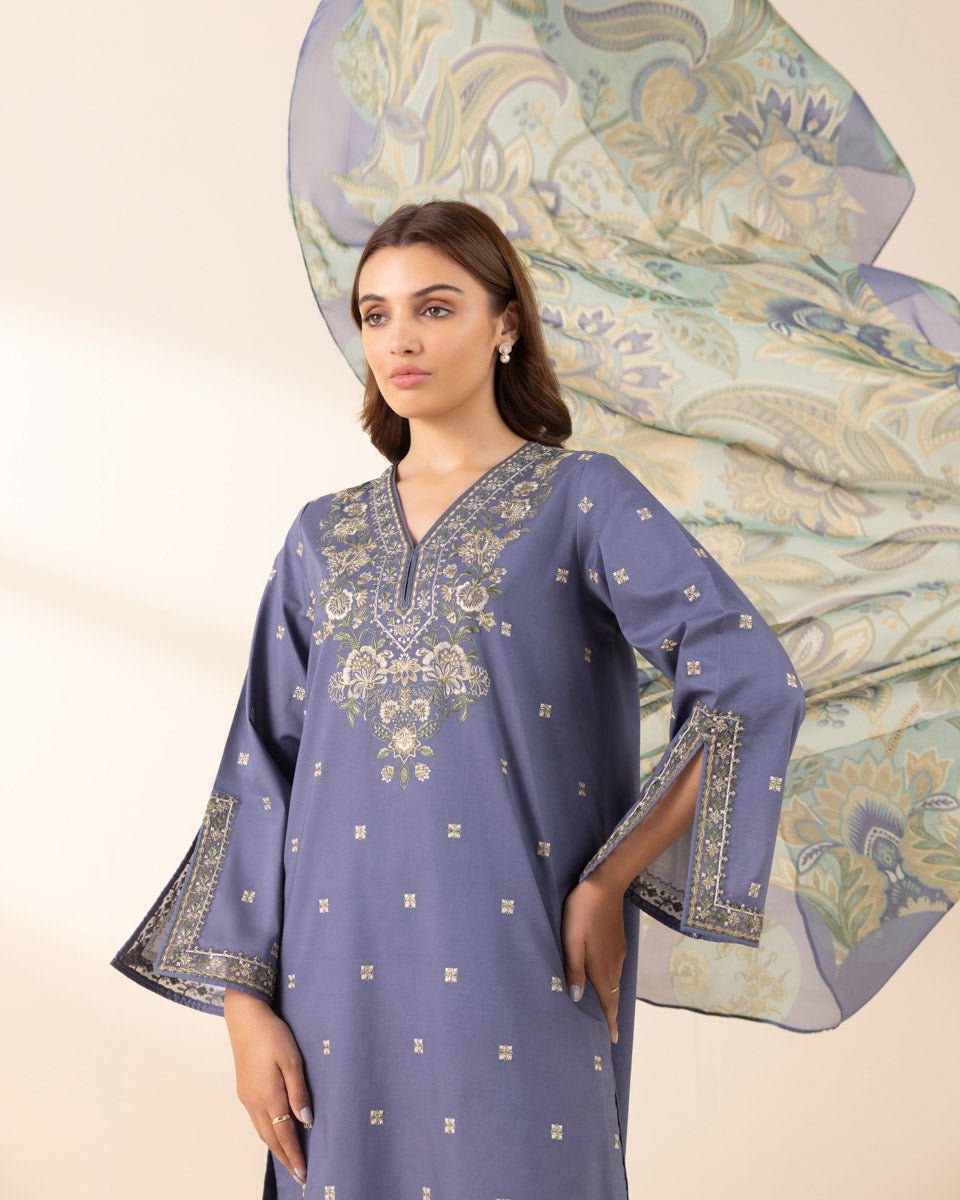 Unstitched Women's Blue Textured Lawn Shirt Dupatta