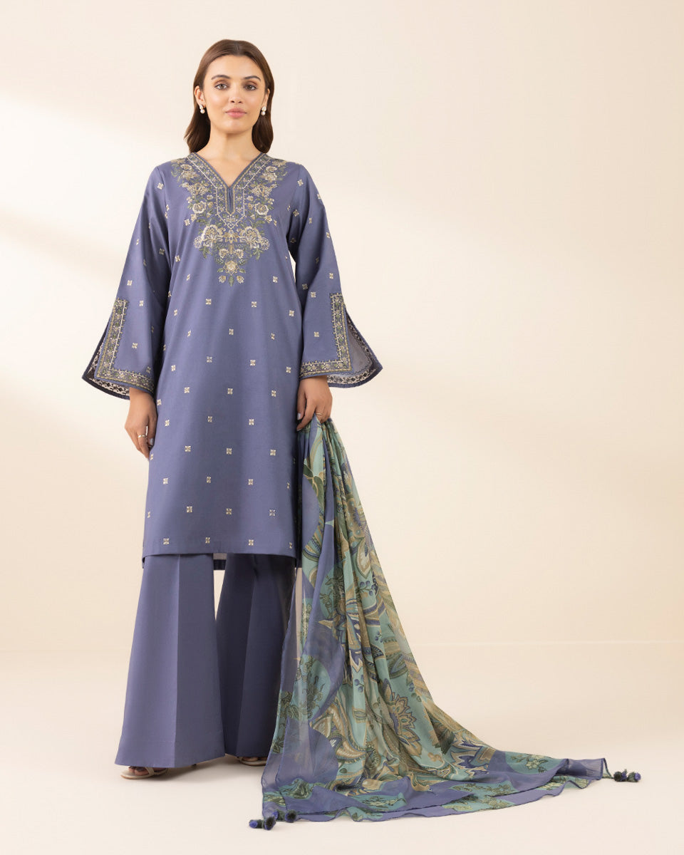 Unstitched Women's Blue Textured Lawn Shirt Dupatta