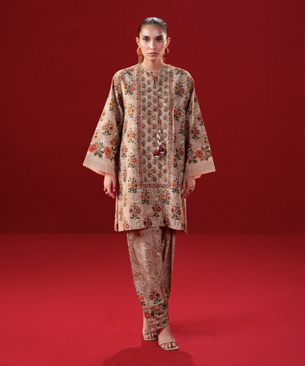 Women's Pret Khaddar Beige Embroidered 2 Piece Suit