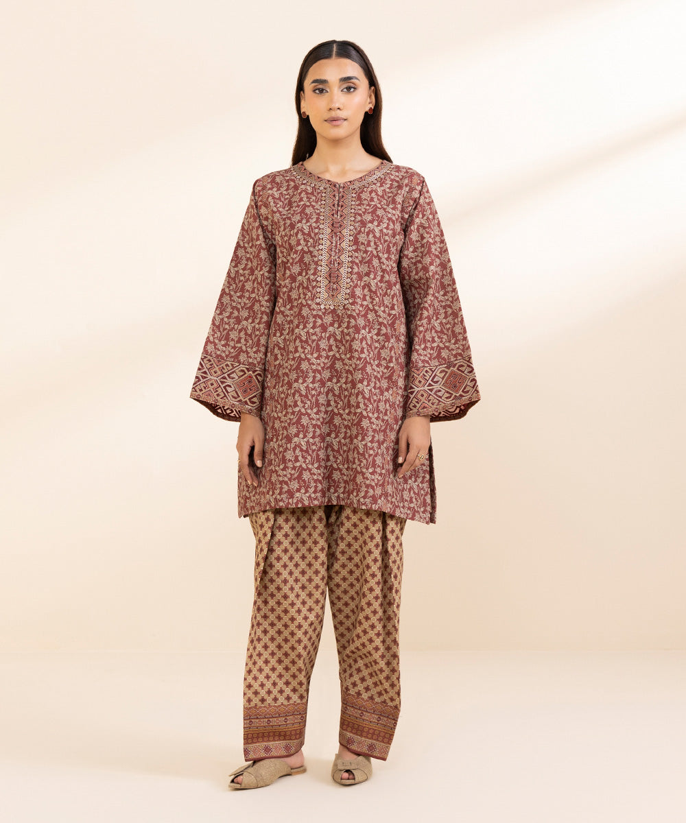 Women's Pret Khaddar Red Embroidered 2 Piece Suit