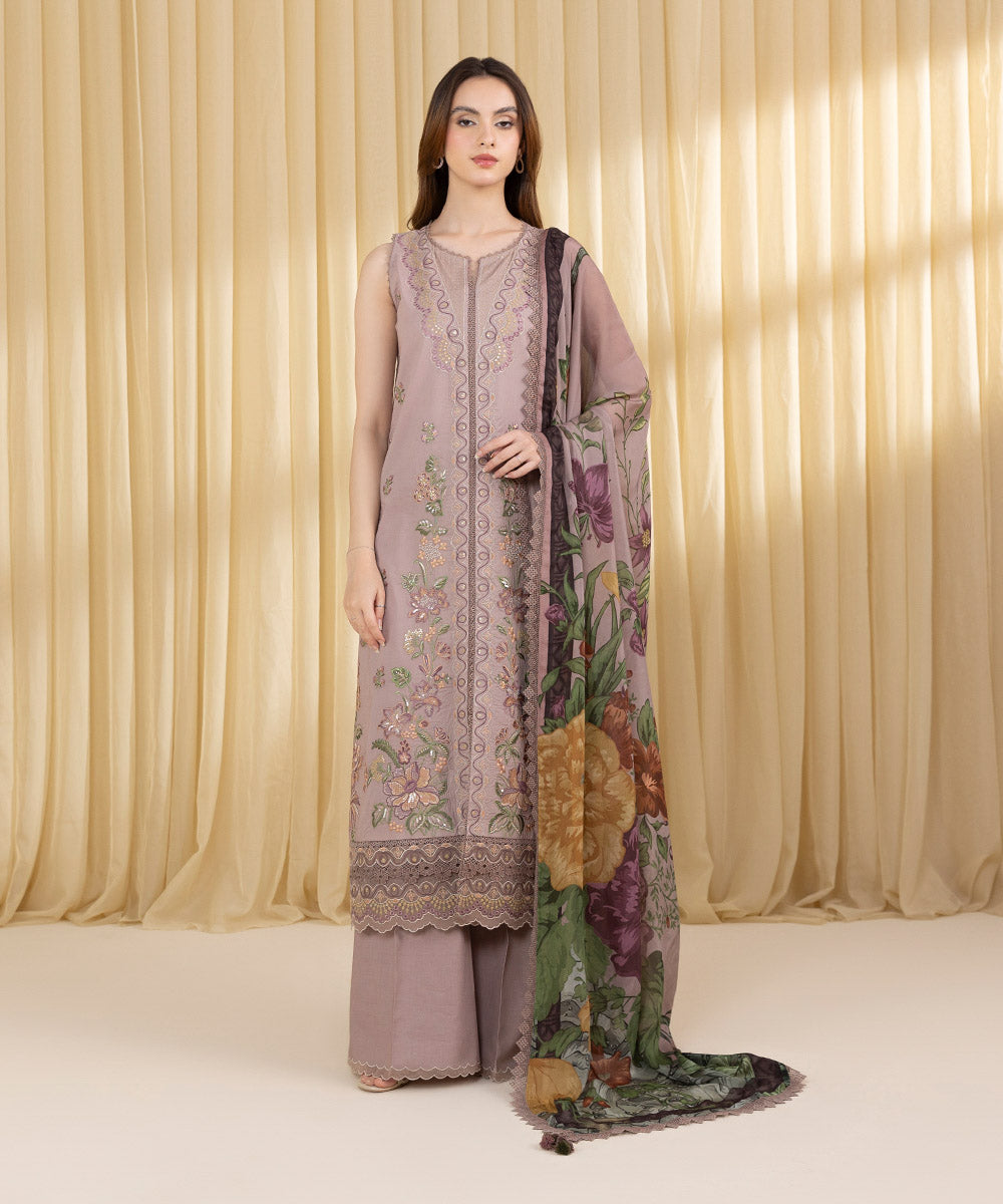 Unstitched Women's Brown Textured Lawn 3 Piece Suit