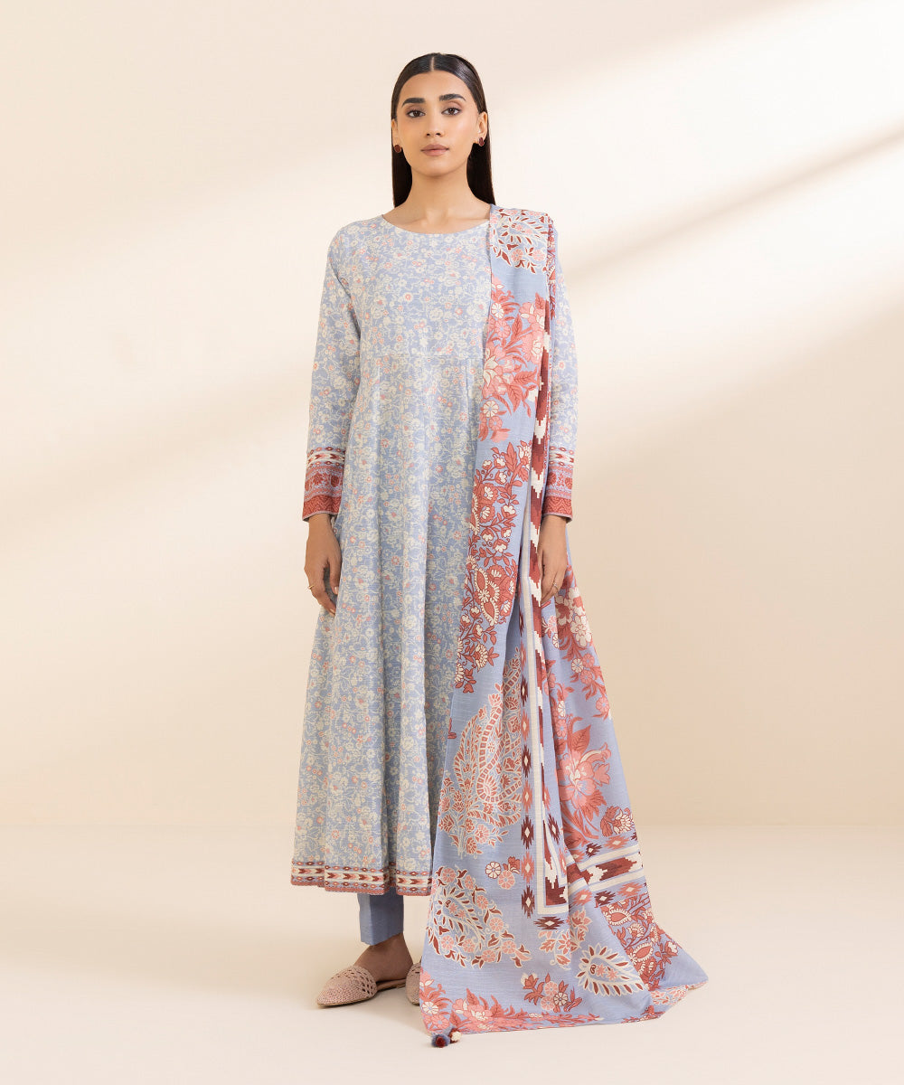 Women's Unstitched Printed Light Blue Khaddar Three Piece Suit