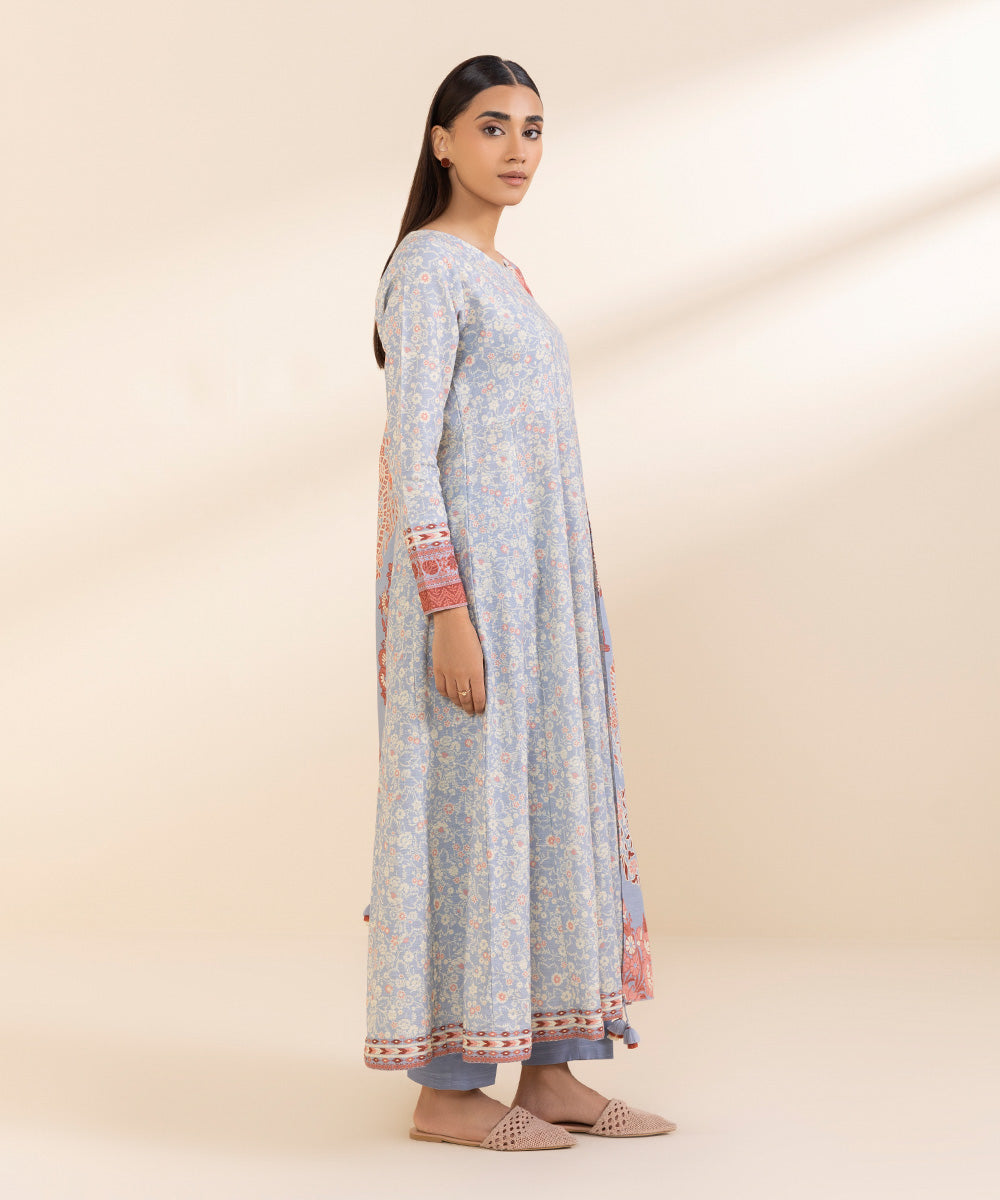 Women's Unstitched Printed Light Blue Khaddar Three Piece Suit