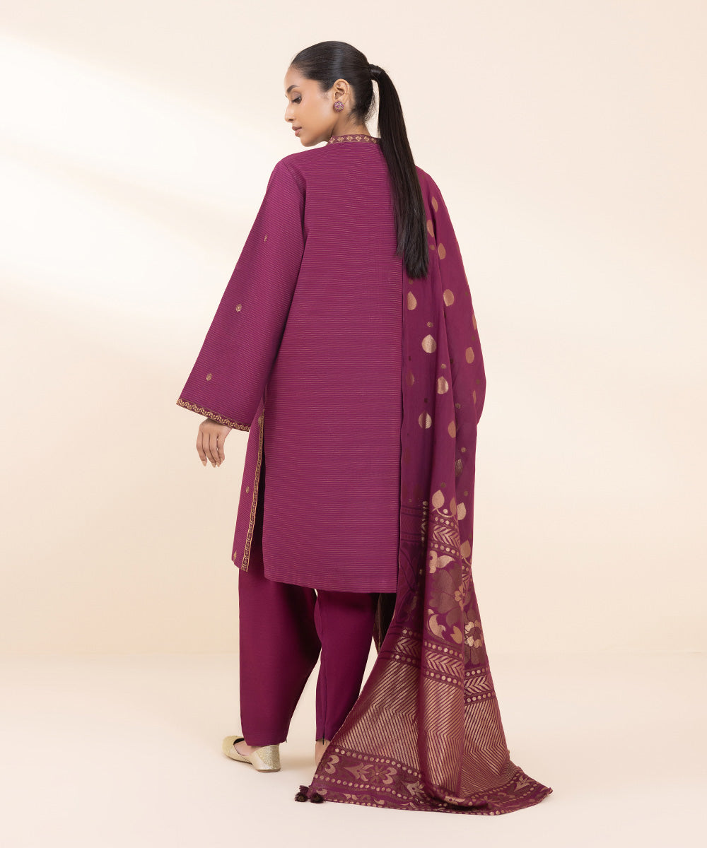 Women's Unstitched Embroidered Purple Zari Khaddar Three Piece Suit