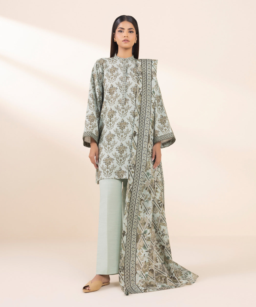 Women's Unstitched Printed Tea Green Khaddar Three Piece Suit