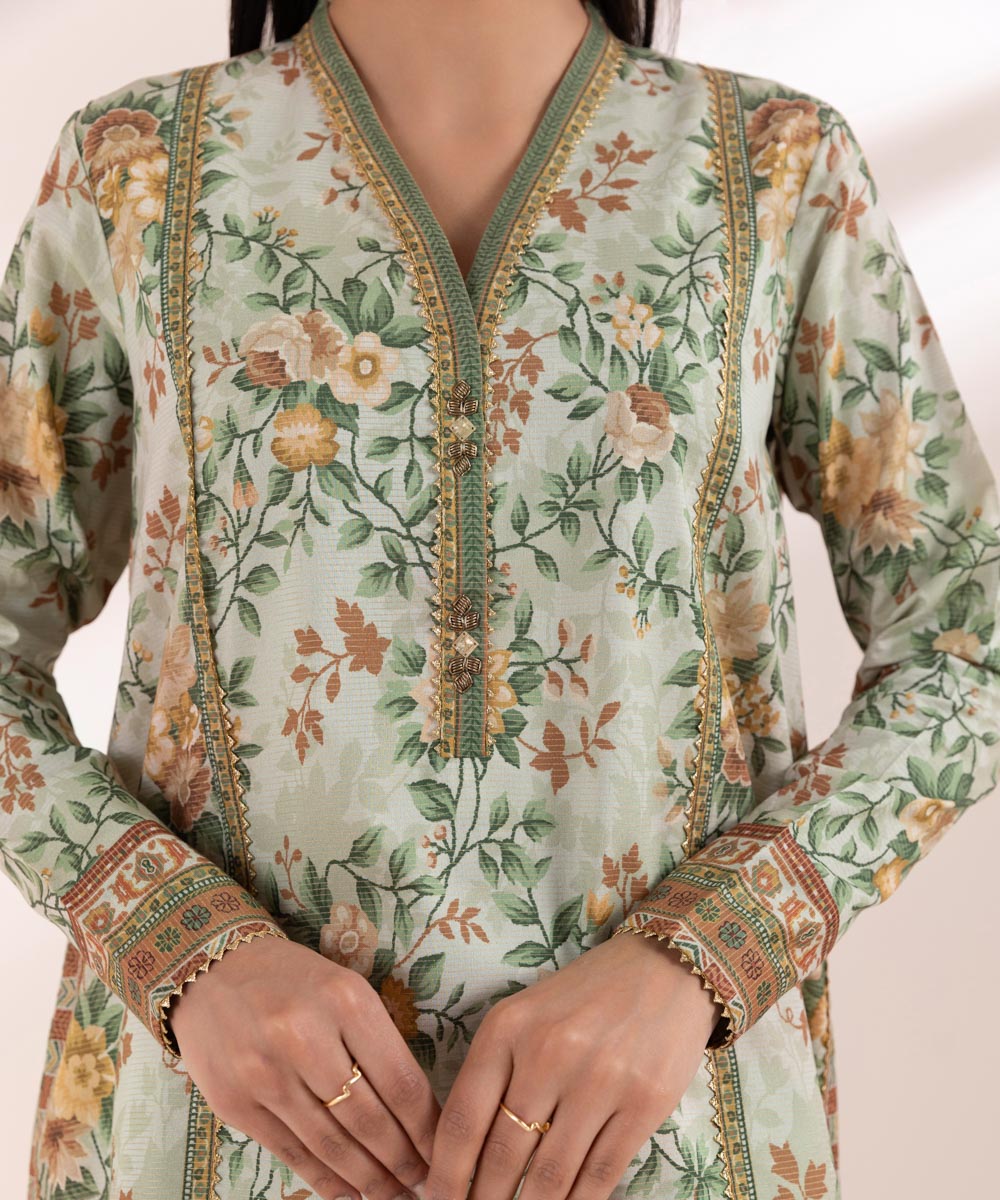 Women's Pret Zari Lawn Printed Green A-Line Shirt