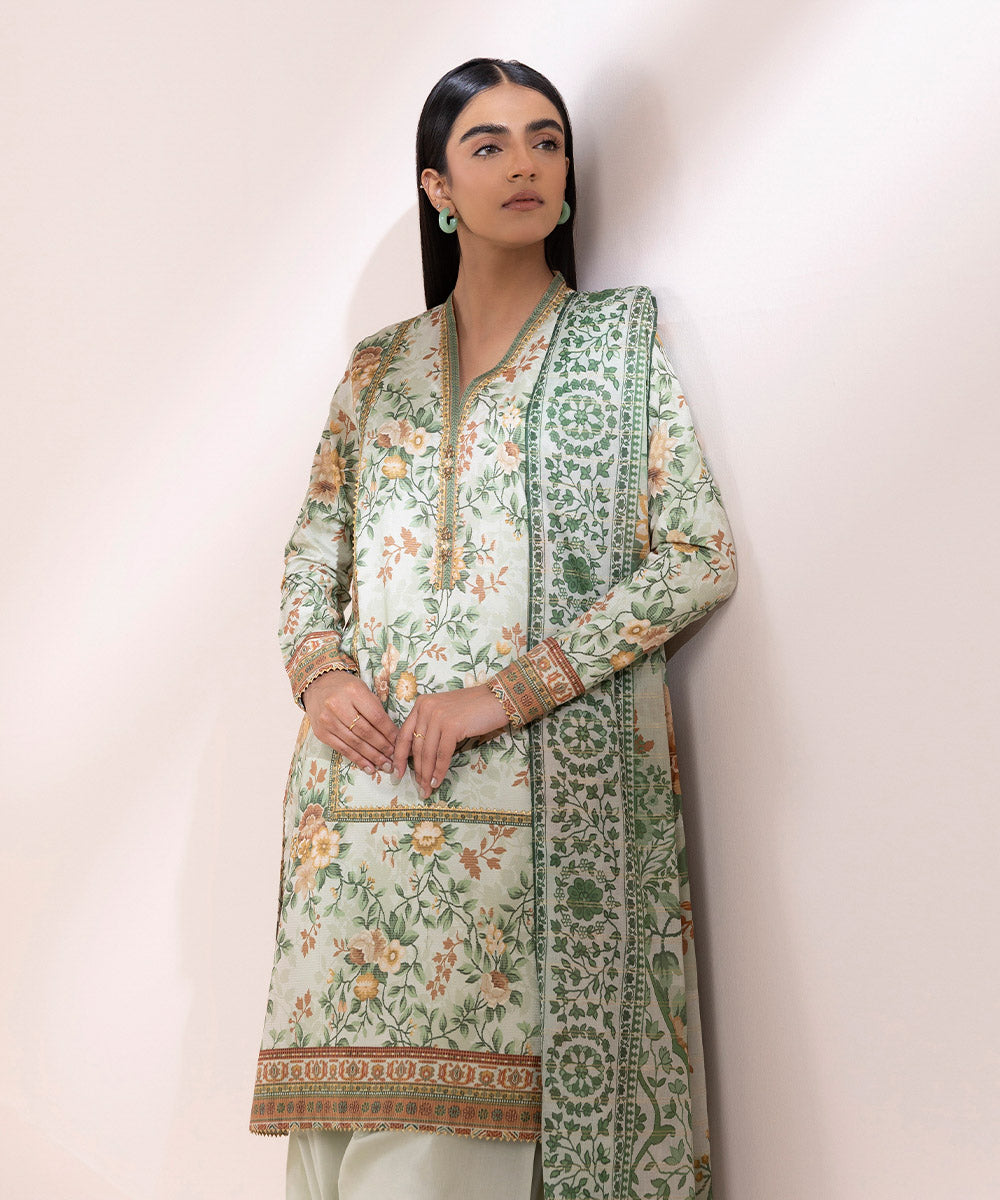 Women's Pret Zari Lawn Printed Green A-Line Shirt