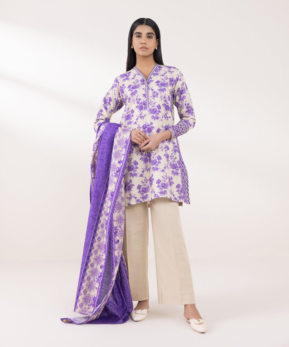 Women's Pret Khaddar Purple Printed 3 Piece Suit