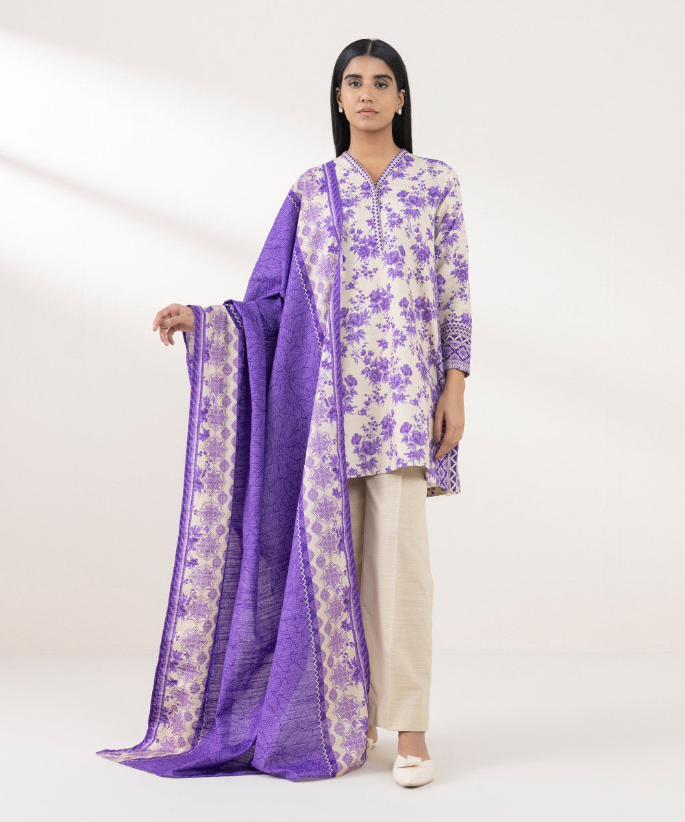 Women's Pret Khaddar Purple Printed 3 Piece Suit