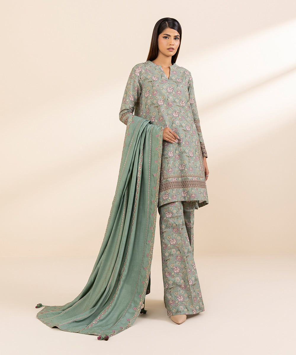 Women's Unstitched Embroidered Sage Green Khaddar Three Piece Suit