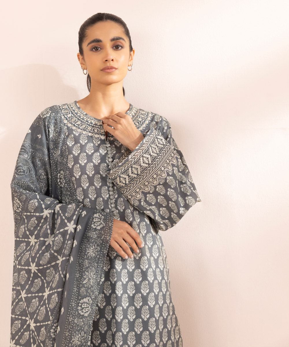 Fine Voile Grey Printed Dupatta