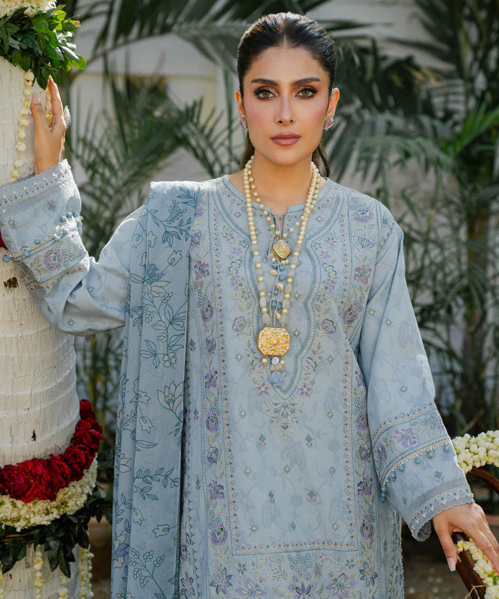 Unstitched Women's Blue Cotton Jacquard 3 Piece Suit