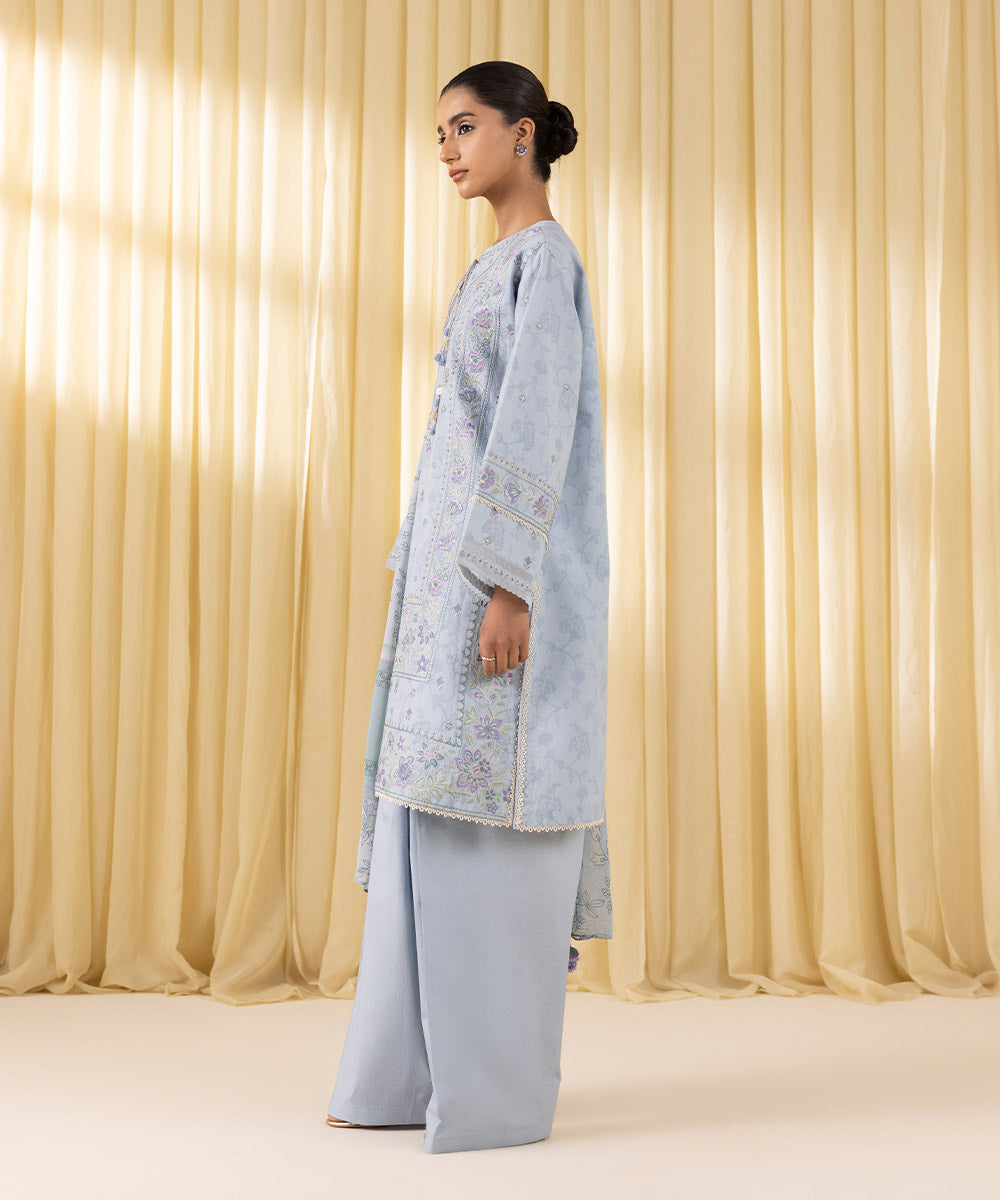 Unstitched Women's Blue Cotton Jacquard 3 Piece Suit