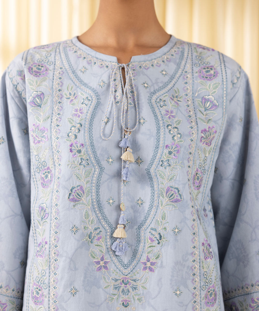 Unstitched Women's Blue Cotton Jacquard 3 Piece Suit