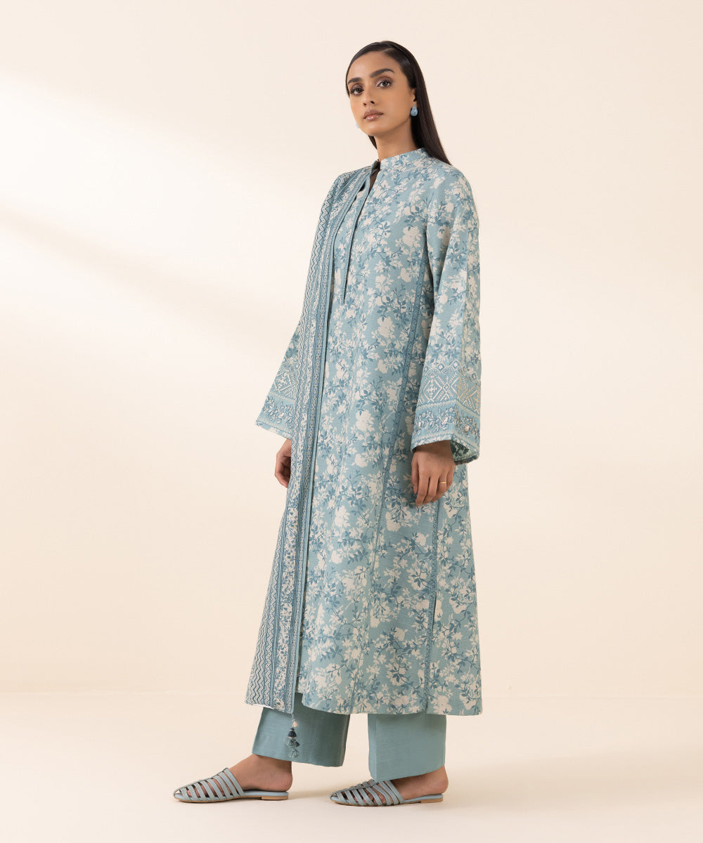 Women's Unstitched Light Khaddar Blue Embroidered 3 Piece Suit