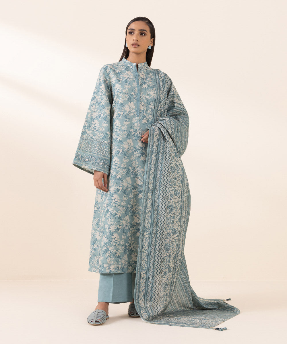 Women's Unstitched Light Khaddar Blue Embroidered 3 Piece Suit