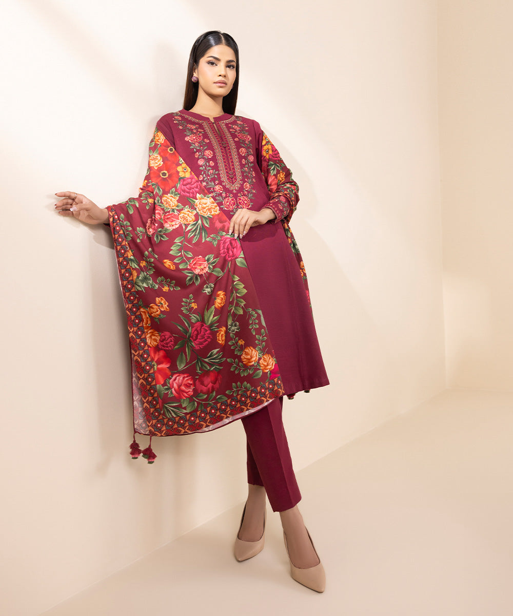 Women's Unstitched Khaddar Embroidered Pink 3 Piece Suit