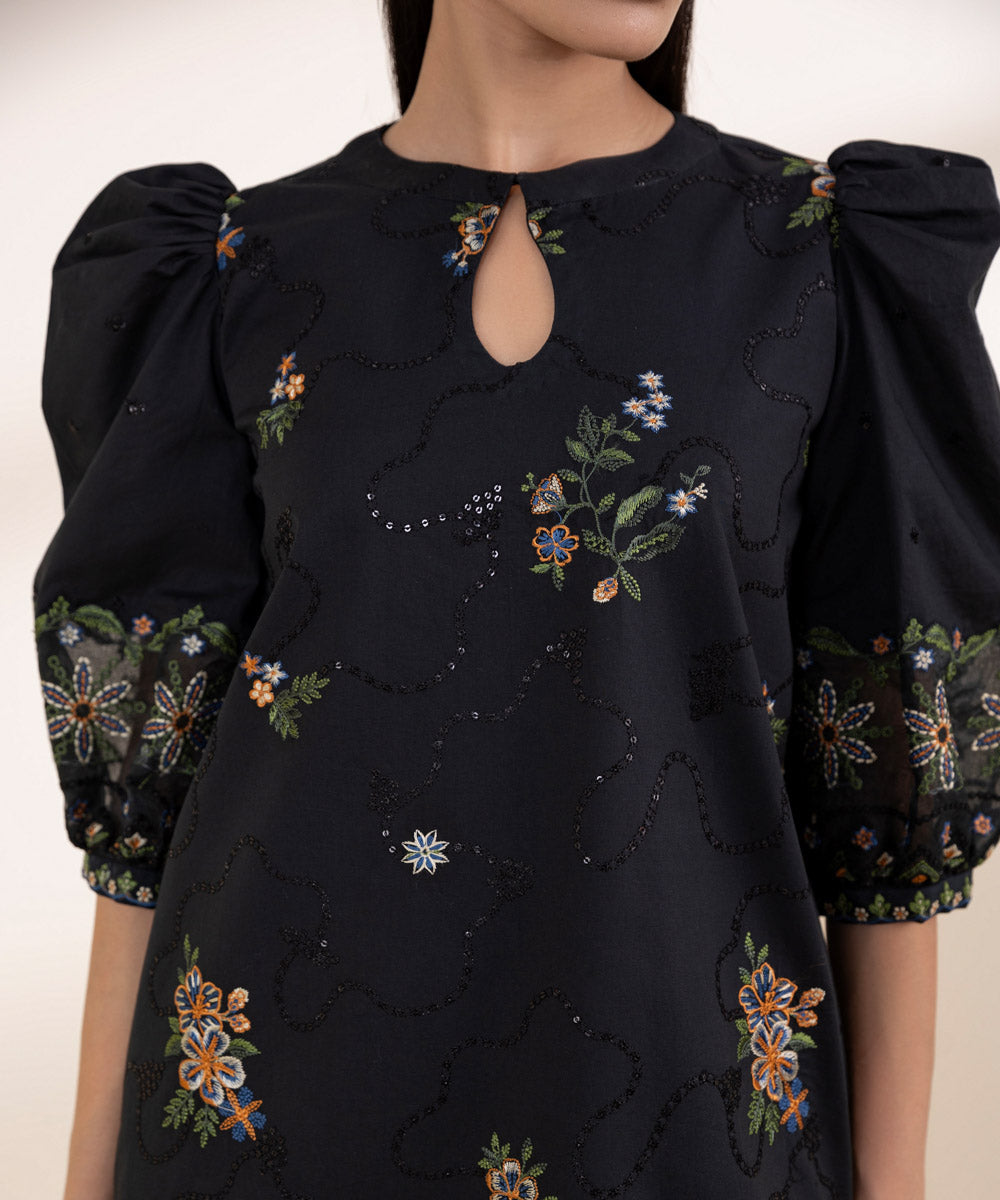 Unstitched Women's Embroidered Cotton Black Three Piece Suit 