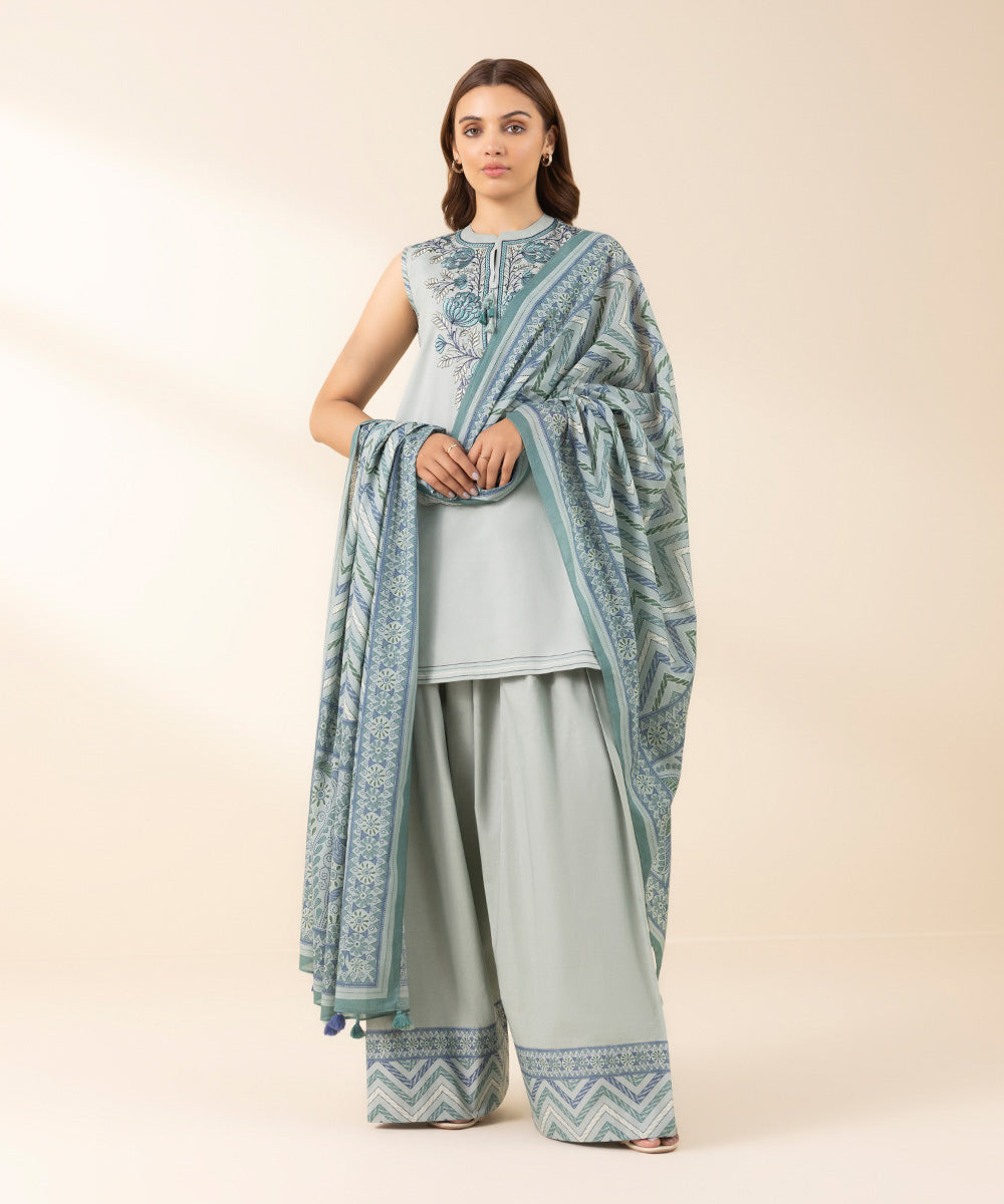 Unstitched Women's Green Textured Lawn 3 Piece Suit