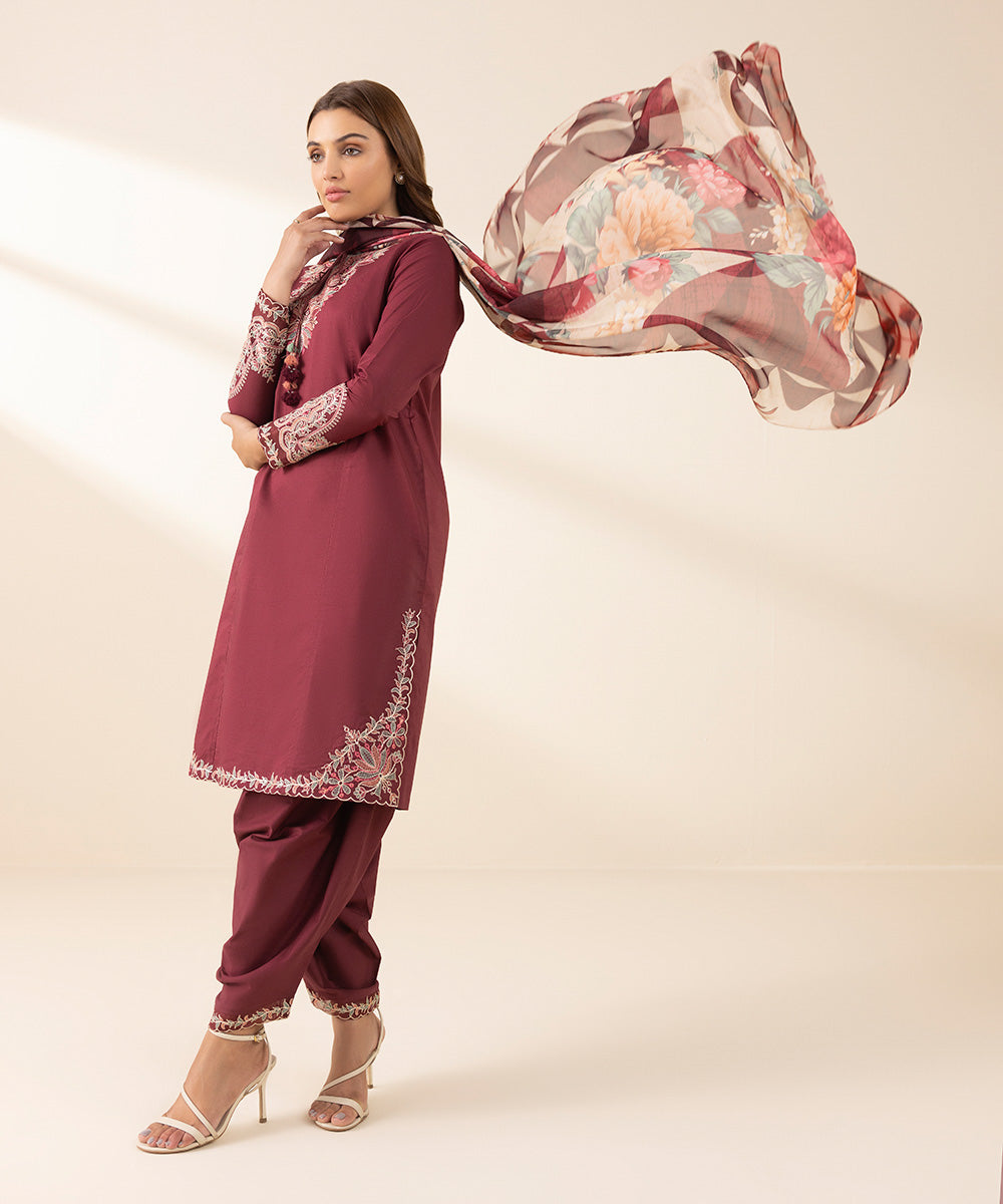 Unstitched Women's Red Textured Lawn 3 Piece Suit