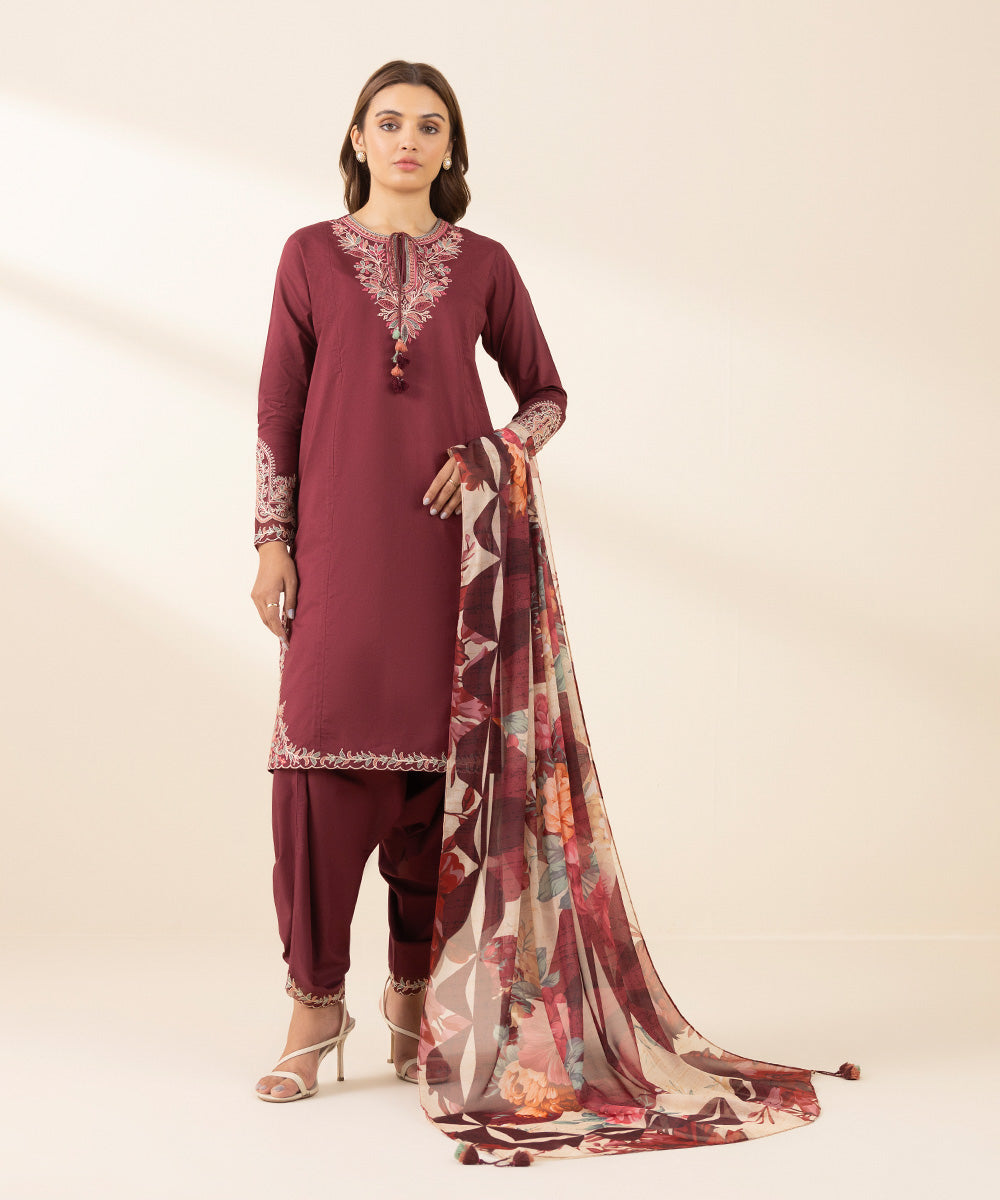 Unstitched Women's Red Textured Lawn 3 Piece Suit