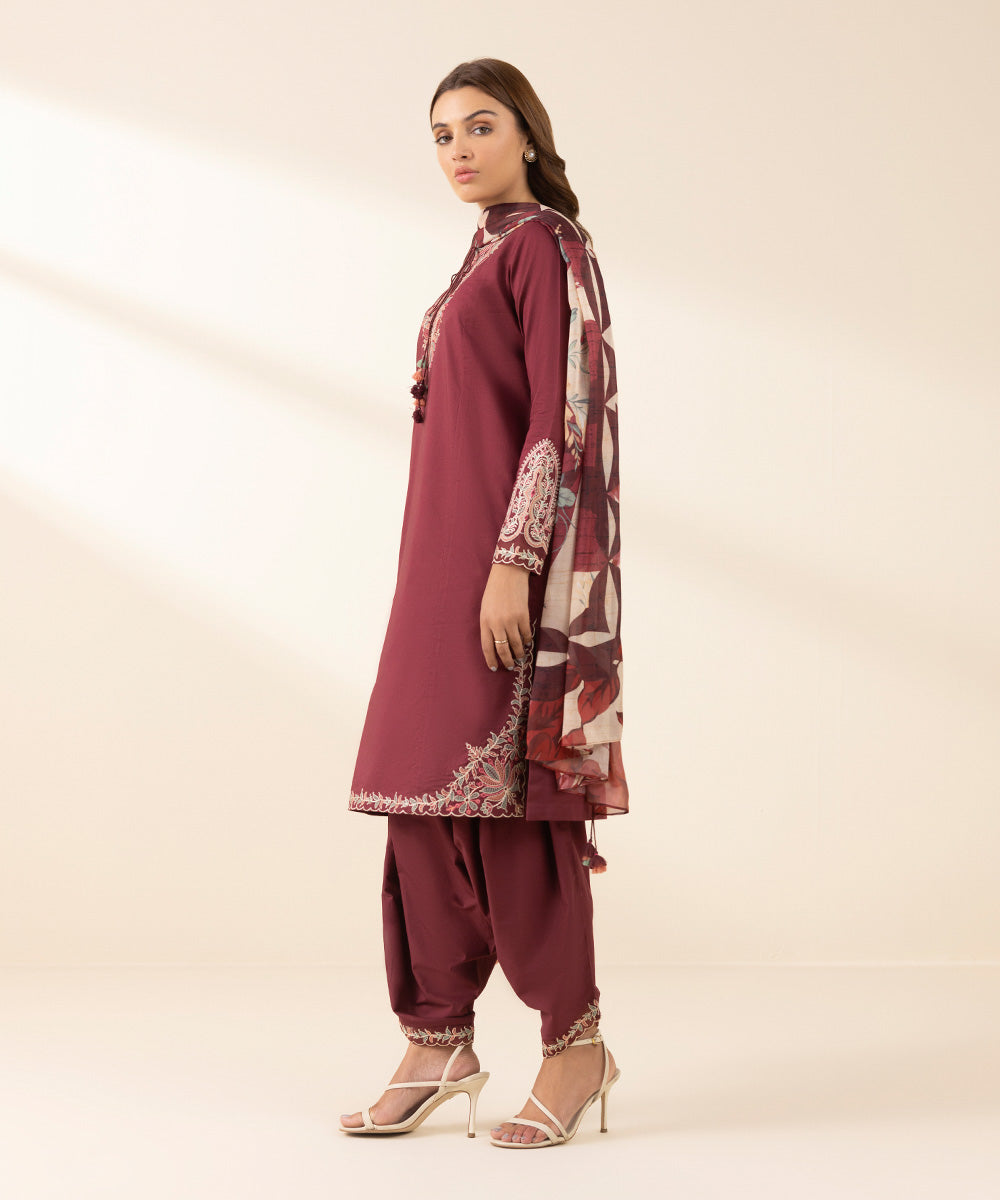 Unstitched Women's Red Textured Lawn 3 Piece Suit