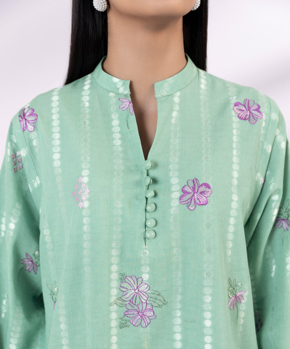 Women's Pret Extra Weft Jacquard Embroidered Green Straight Shirt