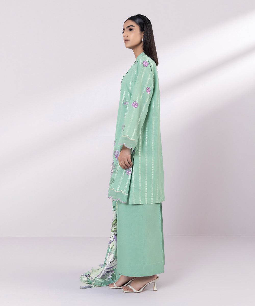 Women's Pret Extra Weft Jacquard Embroidered Green Straight Shirt