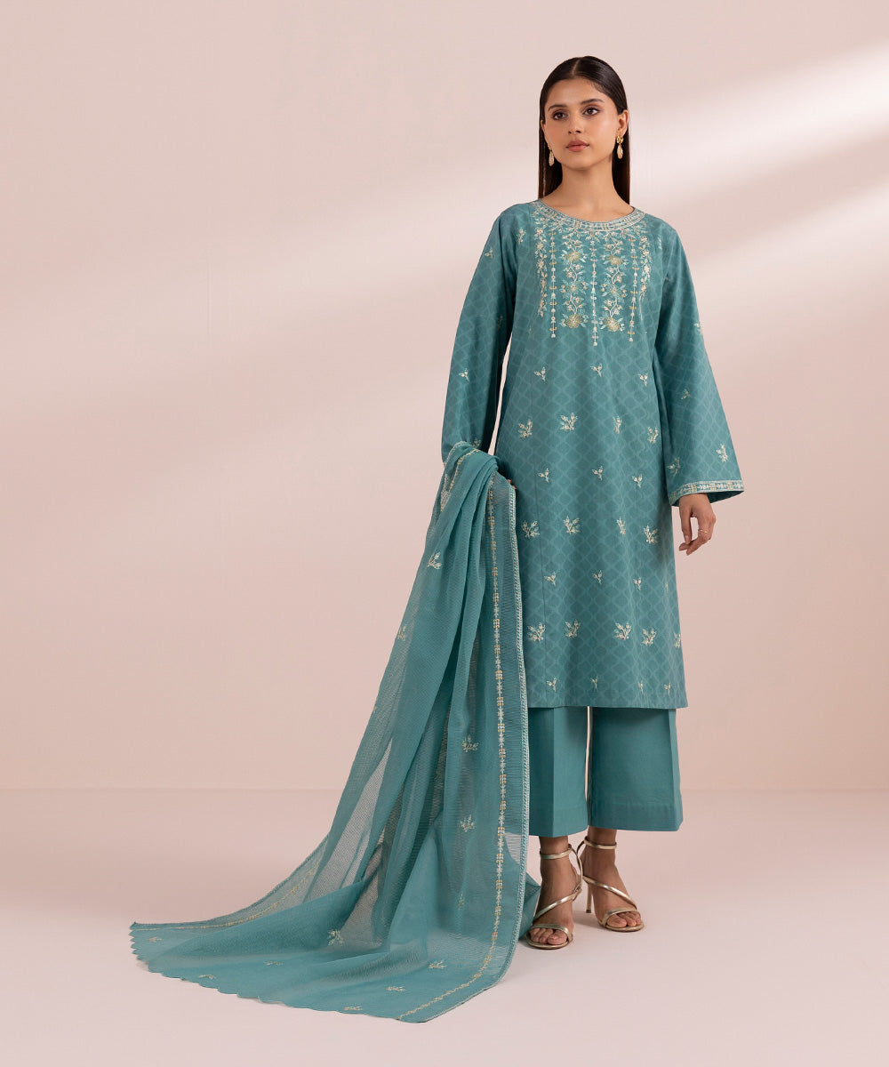 Blended Textured Karandi Blue Embroidered Dupatta