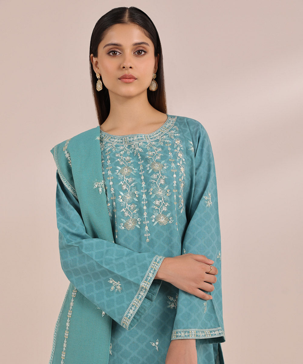 Blended Textured Karandi Blue Embroidered Dupatta