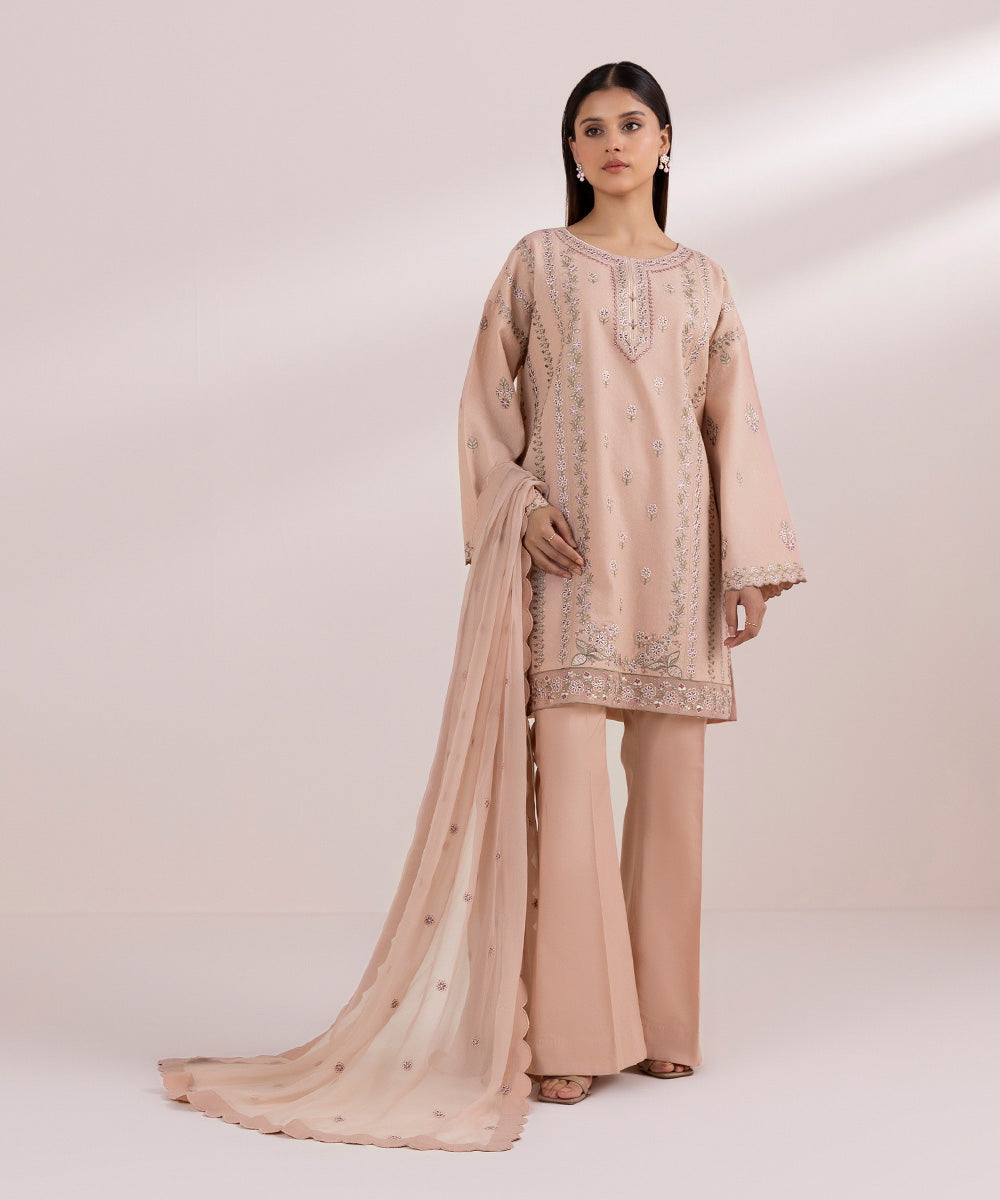 Crinkle Chiffon Pink Embroidered Dupatta