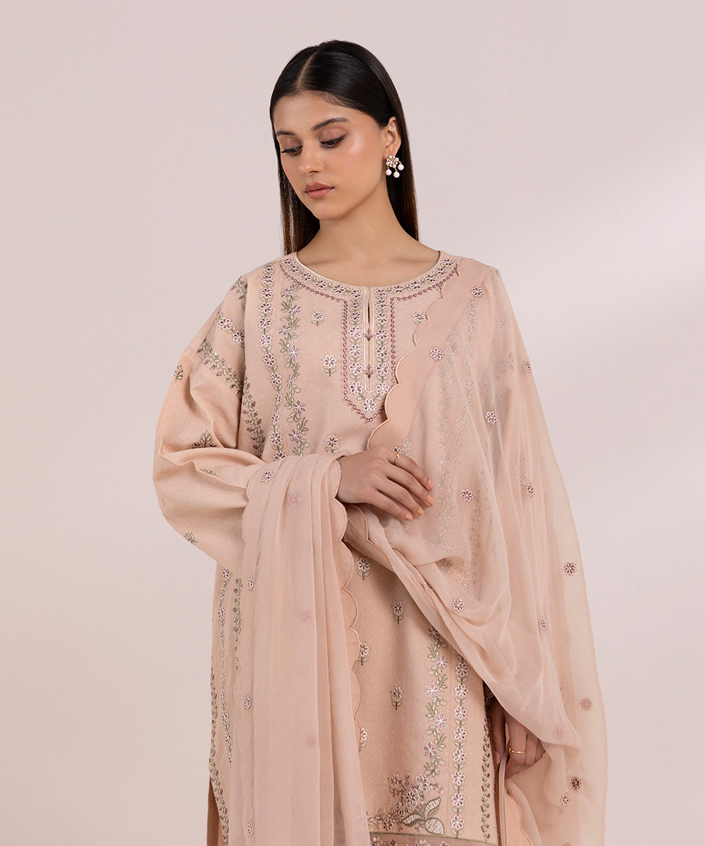 Women's Pret Cotton Jacquard Embroidered Pink Drop Shoulder Shirt