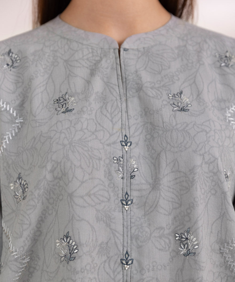 Women's Pret Cotton Jacquard Embroidered Grey Boxy Shirt