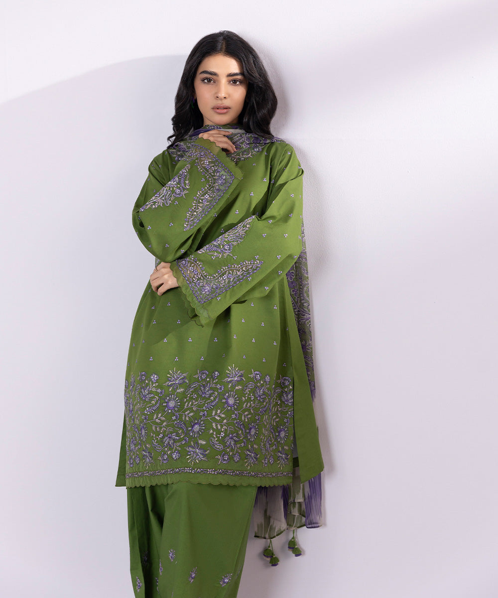 Women's Pret Lawn Embroidered Green Straight Shirt