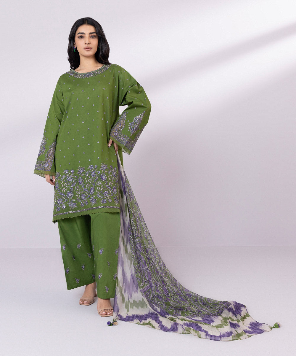 Women's Pret Lawn Embroidered Green Straight Shirt