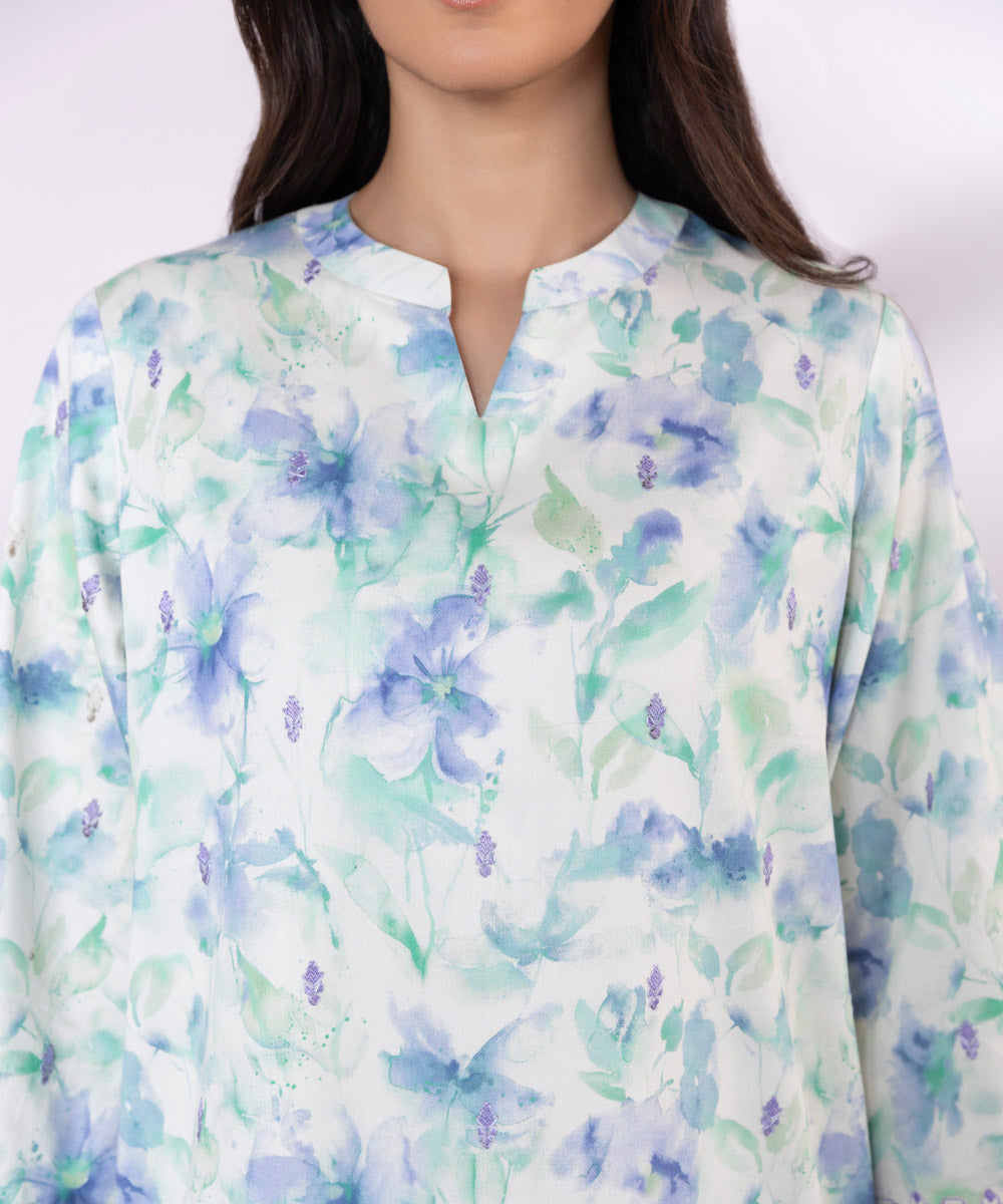 Women's Pret Light Printed Embroidered Blue Straight Shirt