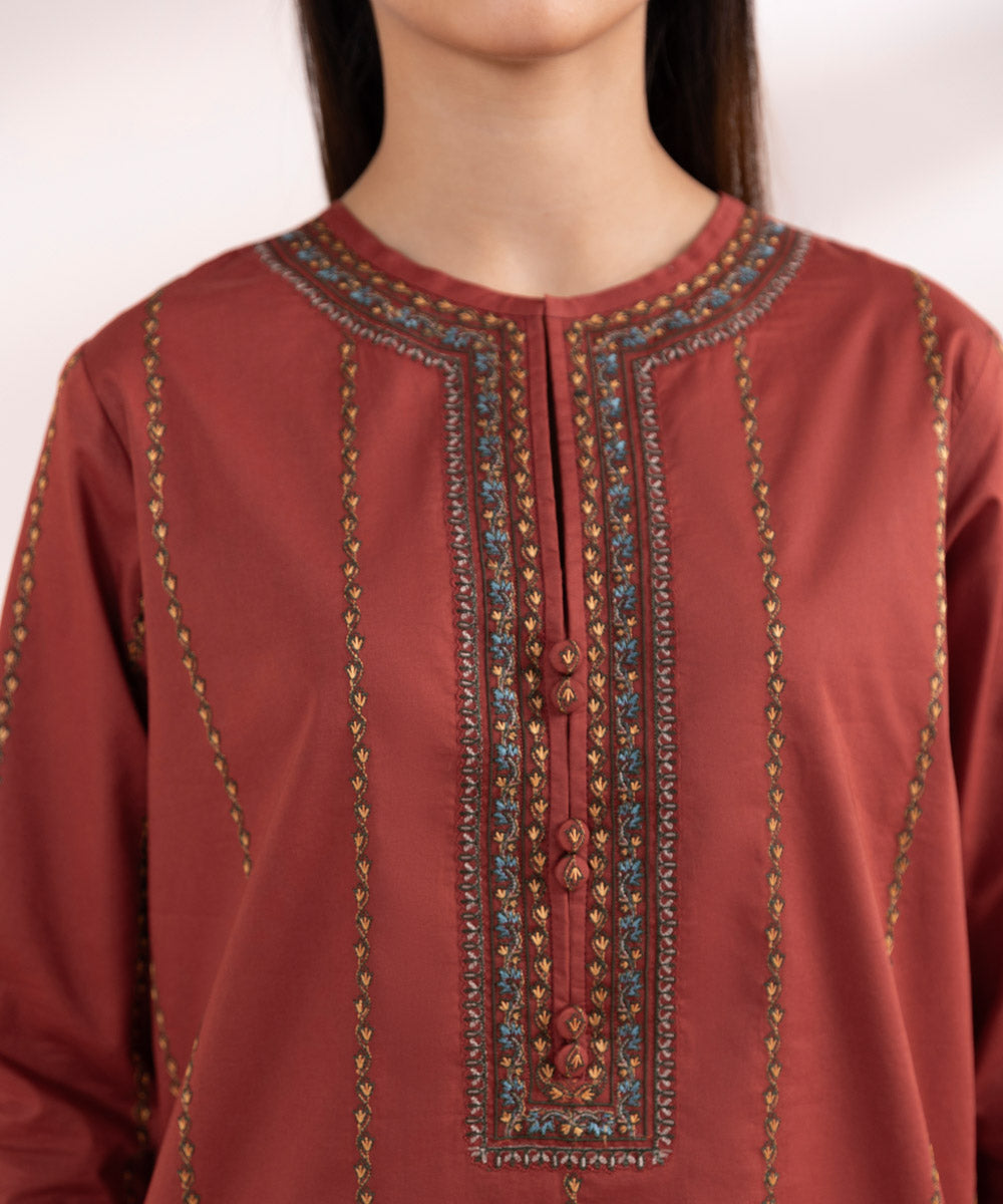 Women's Pret Lawn Embroidered Red Straight Shirt