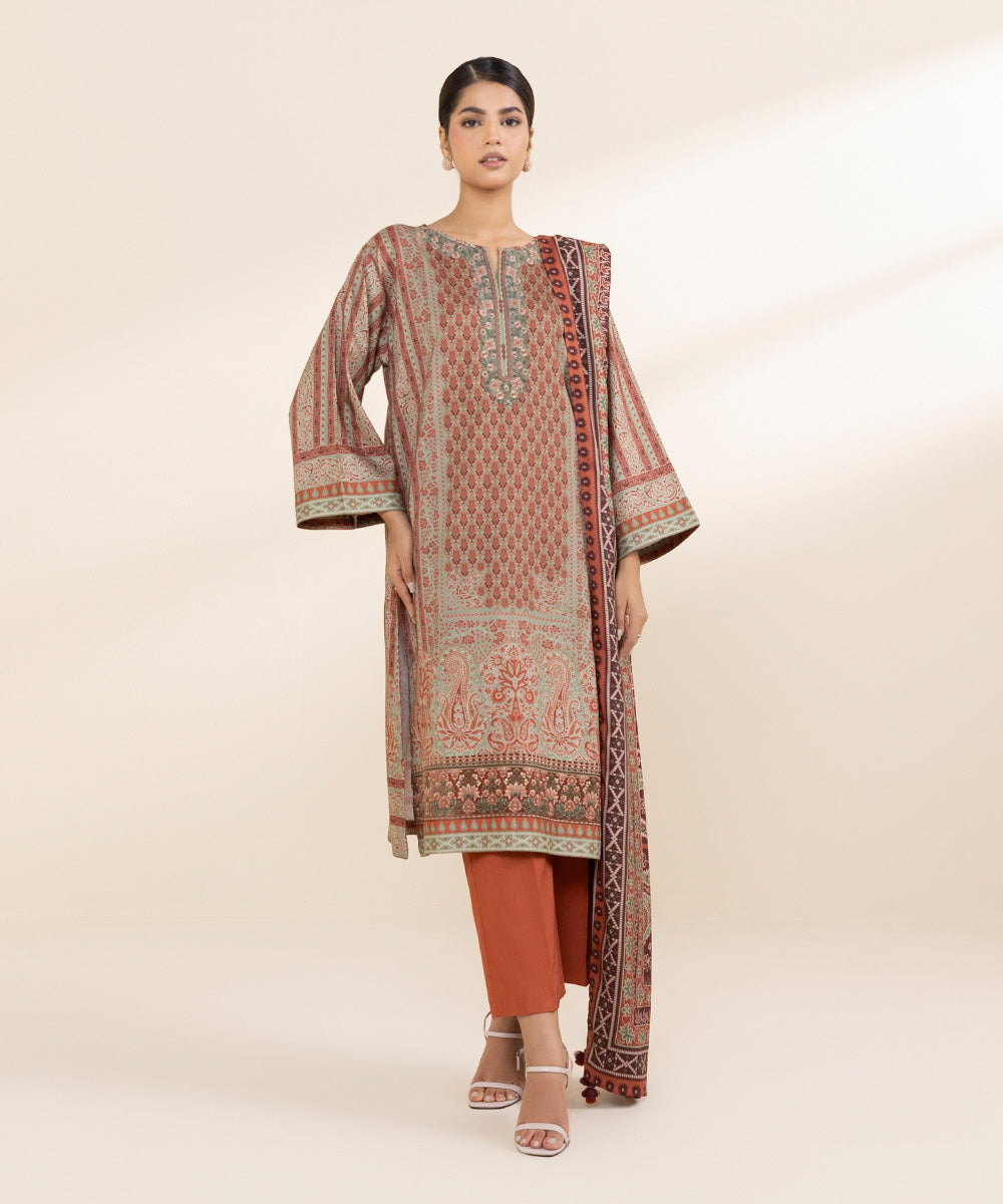 Women's Unstitched Linen Orange Embroidered 3 Piece Suit