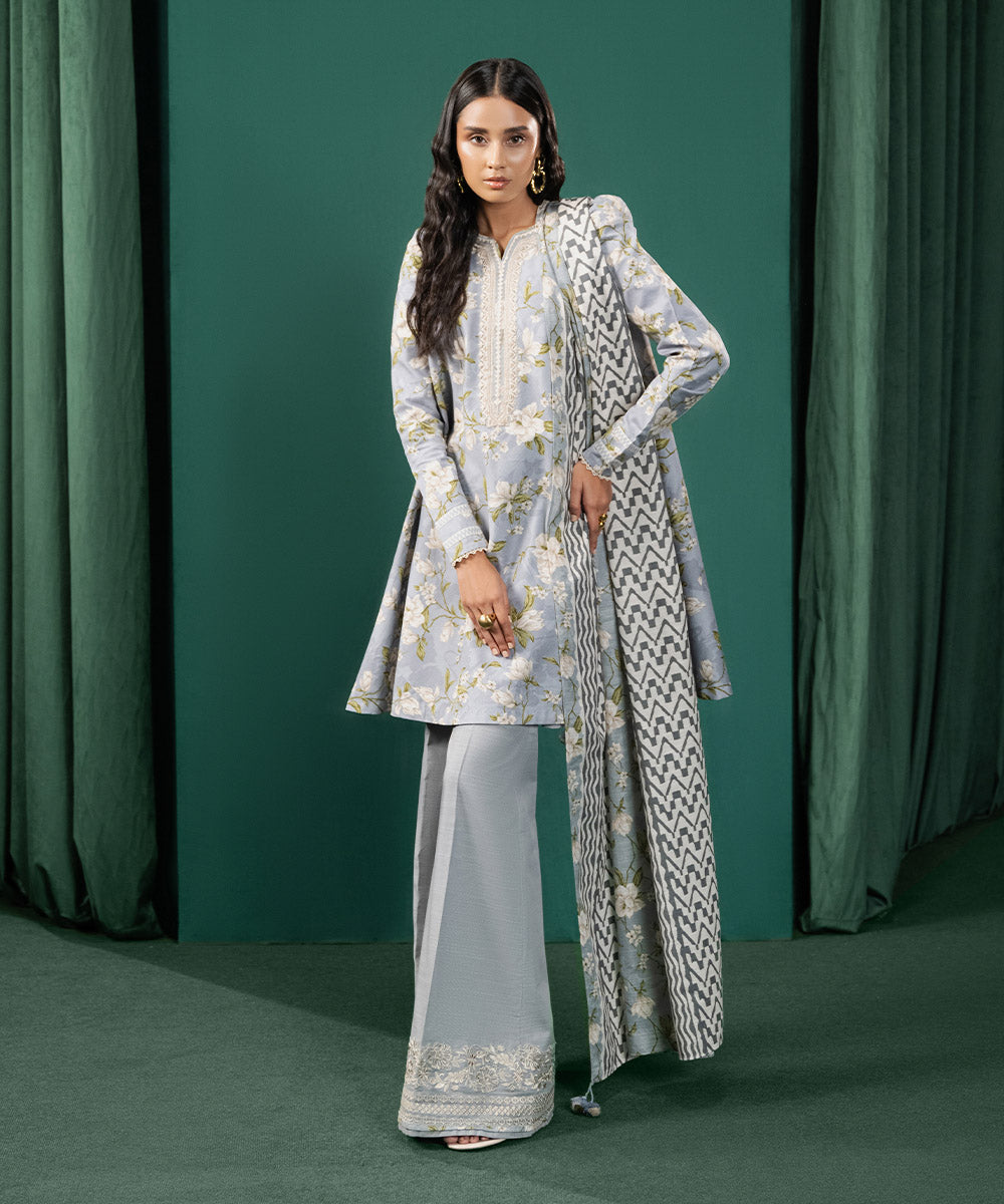 Women's Unstitched Khaddar Embroidered Blue 3 Piece Suit