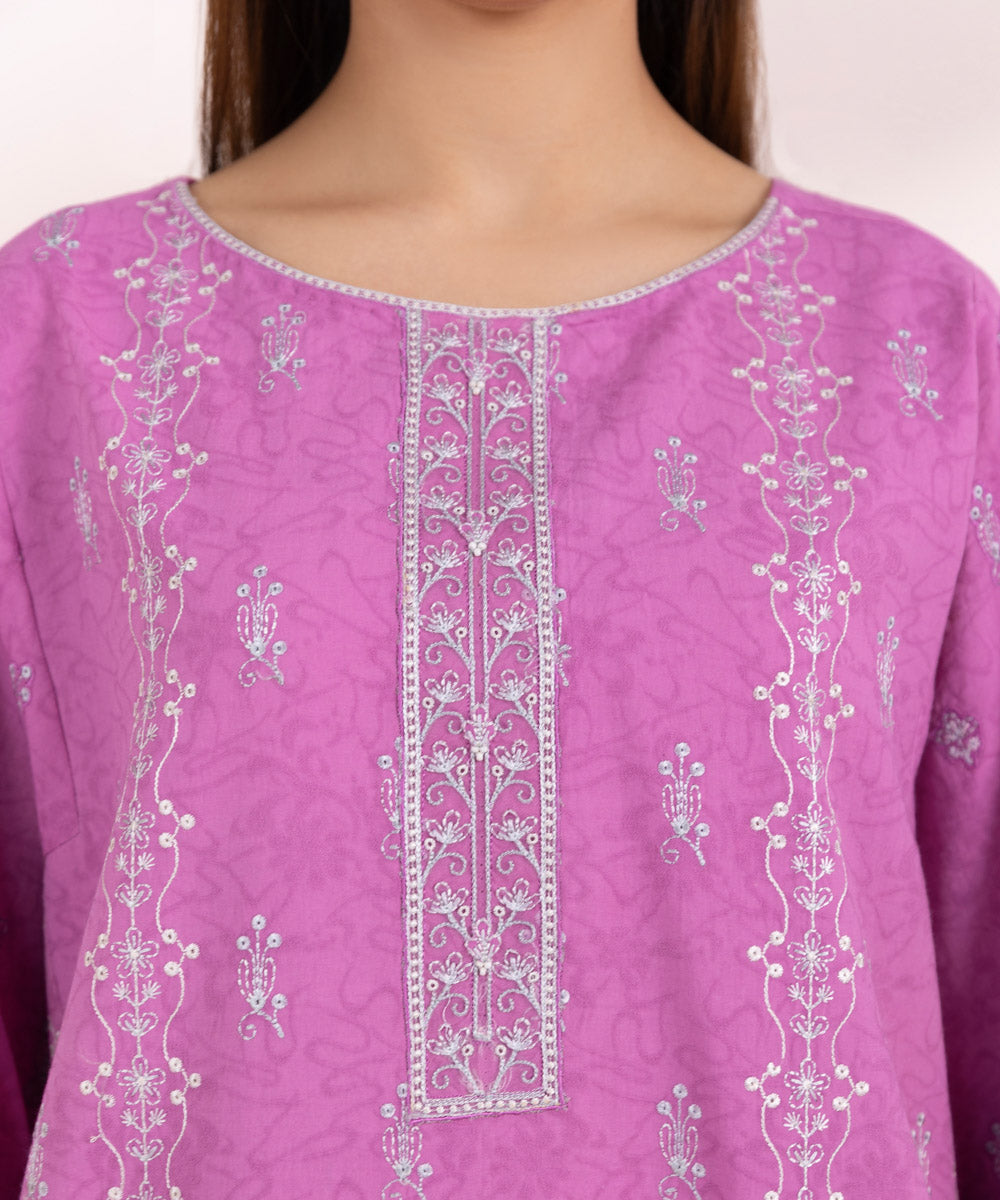 Women's Pret Cotton Jacquard Embroidered Purple A-Line Shirt