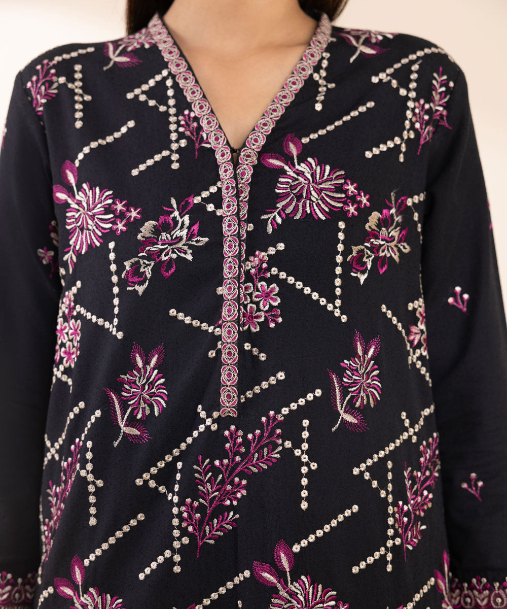 Women's Pret Cotton Karandi Black Embroidered 3 Piece Suit