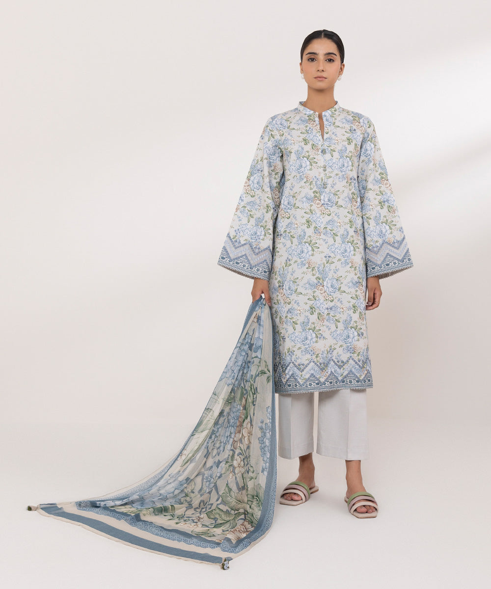 Blended Chiffon Blue Printed Dupatta