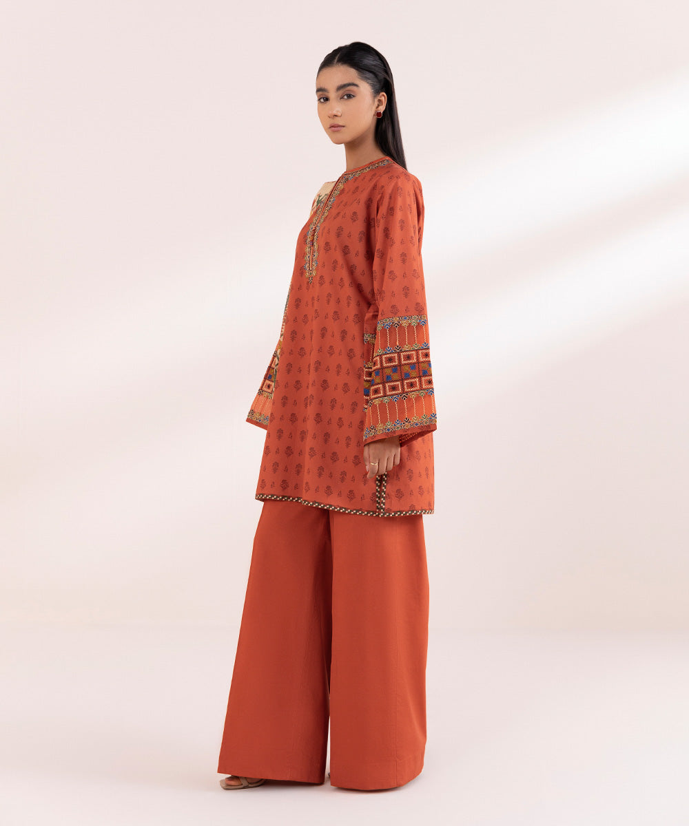 Women's Pret Lawn Printed Embroidered Orange Boxy Shirt