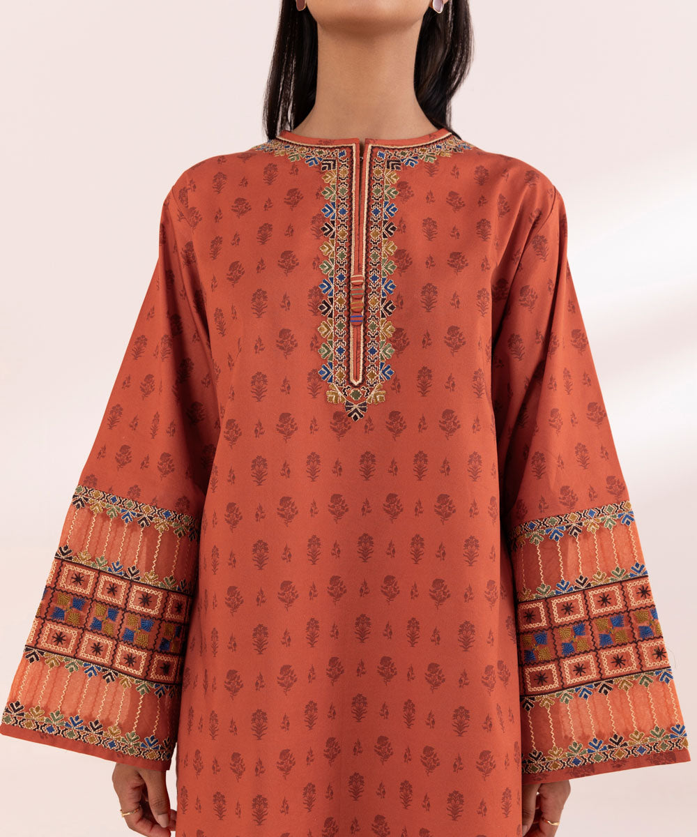 Women's Pret Lawn Printed Embroidered Orange Boxy Shirt