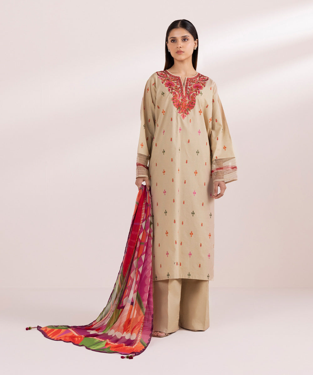 Women's Pret Lawn Embroidered Beige Drop Shoulder Shirt