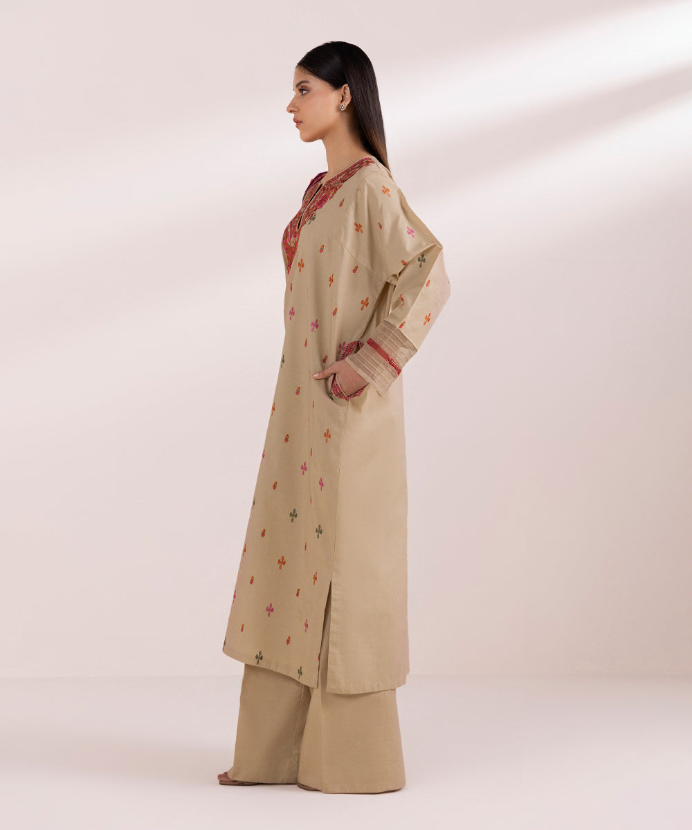 Women's Pret Lawn Embroidered Beige Drop Shoulder Shirt