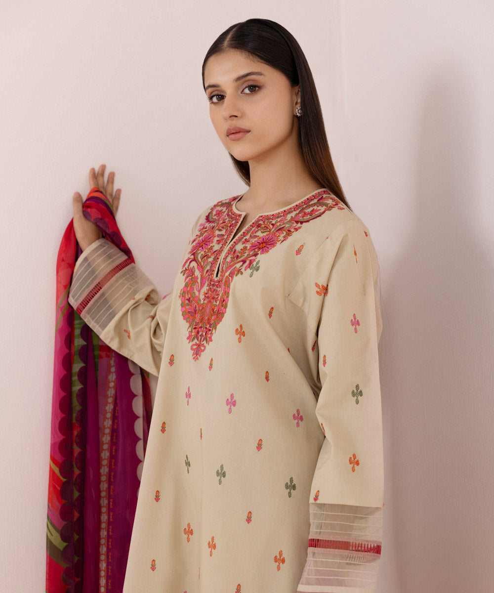 Women's Pret Lawn Embroidered Beige Drop Shoulder Shirt